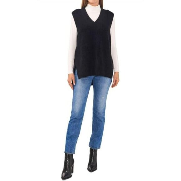 Vince Camuto Ladies Oversized V-Neck Knit Sweater Vest Rich Black L New With Tag - Picture 6 of 9